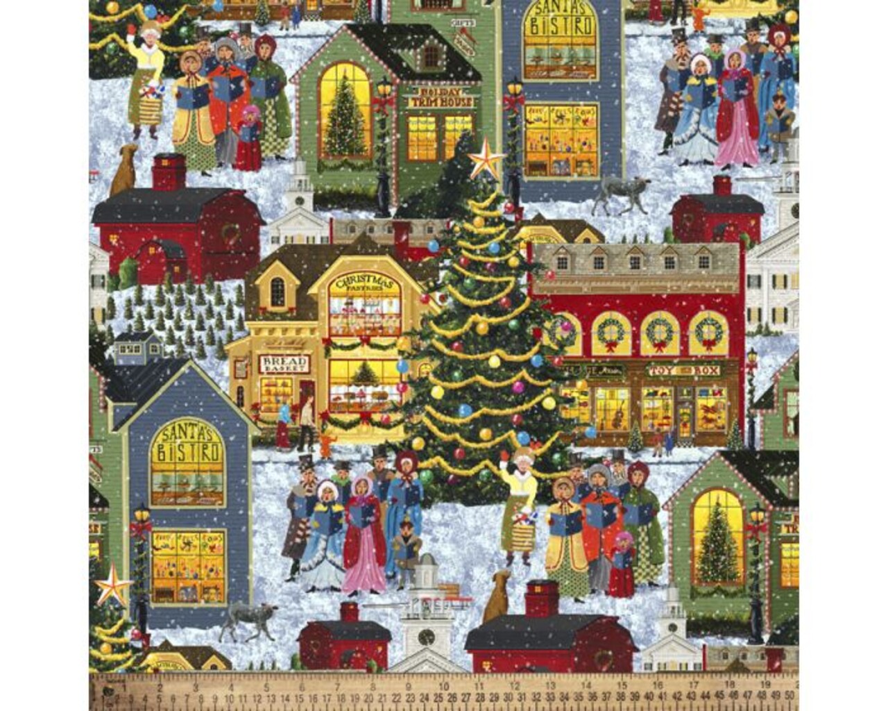 Christmas Town Tree Carolers Digital Cotton Print Fabric | By the Yard | Sewing and Crafting | 44 inches wide